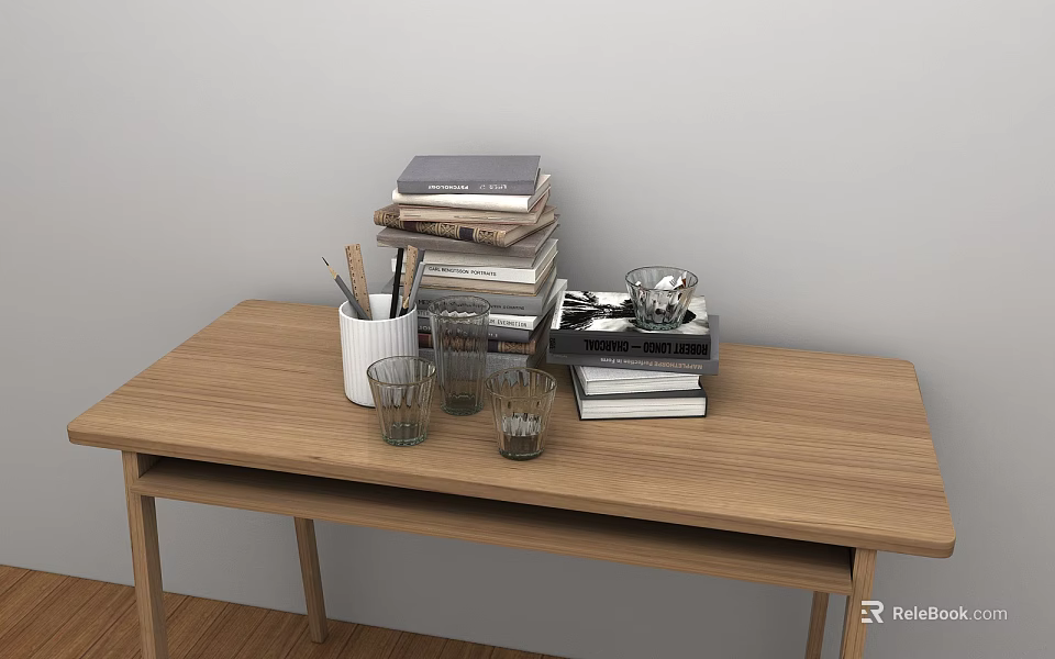 Stacked Books And Magazines On Wooden Table With Pencil Holder Eyeglasses And Glass Cups 3d model 