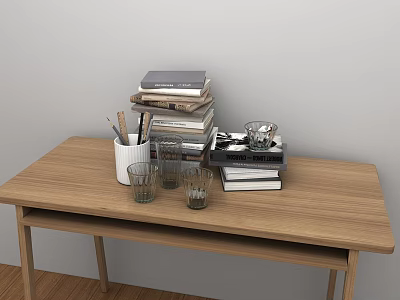 Stacked Books And Magazines On Wooden Table With Pencil Holder Eyeglasses And Glass Cups 3d model