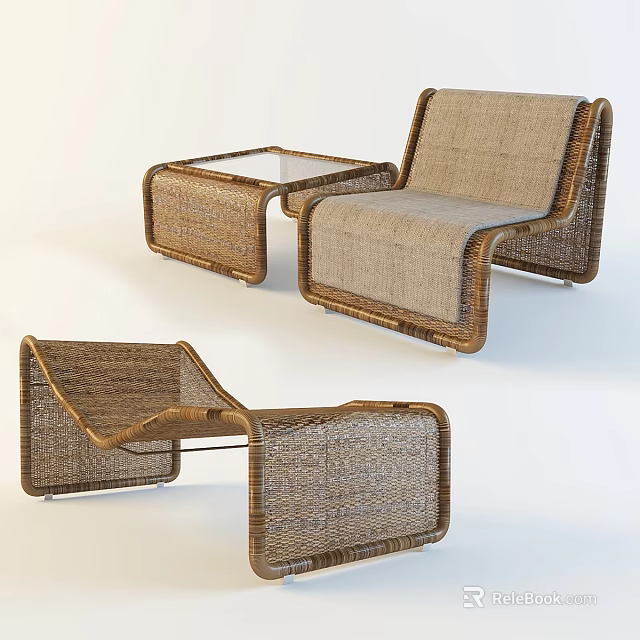 Modern Rattan Lounge Chair With Linen Cushion And Glass Top Side Table 3d model 