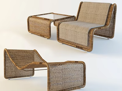 Modern Rattan Lounge Chair With Linen Cushion And Glass Top Side Table 3d model