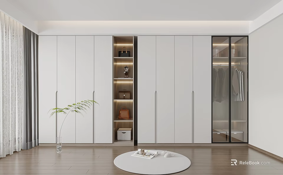 Modern White Wardrobe Interior With Multiple Doors Glass Panel And Storage Shelves 3d model 