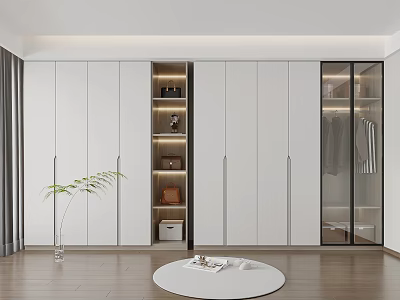 Modern White Wardrobe Interior With Multiple Doors Glass Panel And Storage Shelves 3d model