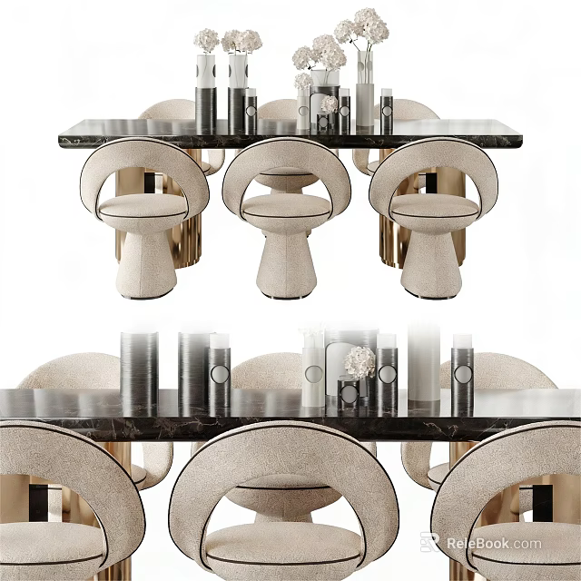 Elegant Dining Table Set With Black Marble Top Beige Upholstered Chairs And Decorative Vases 3d model 