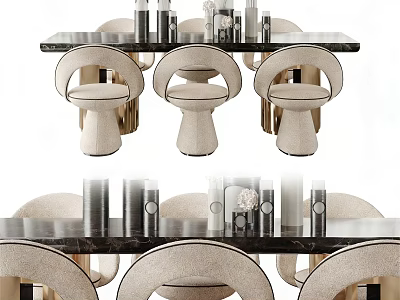 Elegant Dining Table Set With Black Marble Top Beige Upholstered Chairs And Decorative Vases 3d model