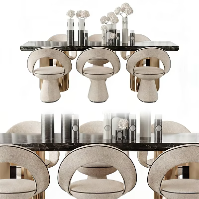 Elegant Dining Table Set With Black Marble Top Beige Upholstered Chairs And Decorative Vases 3d model