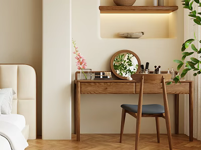 Wooden Dressing Table with Mirror Cosmetics Vase Plant and Chair in Bedroom Setting 3d model