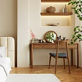 Wooden Dressing Table with Mirror Cosmetics Vase Plant and Chair in Bedroom Setting
