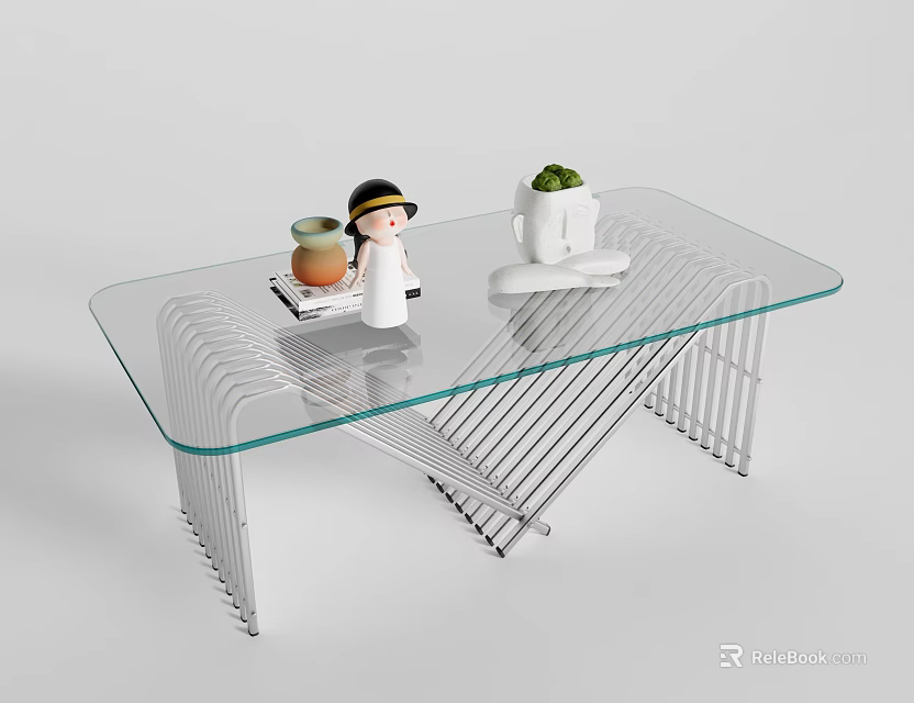Modern Glass Top Coffee Table With Metal Frame And Small Decor Items And Potted Plant 3d model 