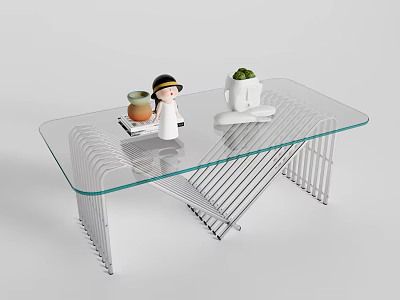 Modern Glass Top Coffee Table With Metal Frame And Small Decor Items And Potted Plant 3d model