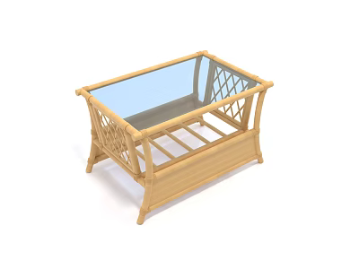 Natural Woven Rattan Coffee Table With Glass Top And Cross Pattern Design 3d model