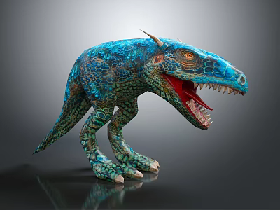 Realistic Blue Green Scaly Dinosaur With Open Mouth And Sharp Teeth 3d model