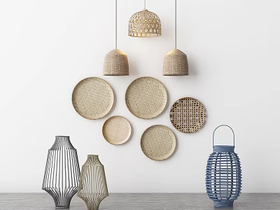 Woven Rattan Lighting Combinations With Natural And Blue Pendant Lamps And Round Shades 3d model