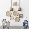 Woven Rattan Lighting Combinations With Natural And Blue Pendant Lamps And Round Shades