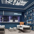 Blue Themed Modern Lounge Space With Lighting And Furniture