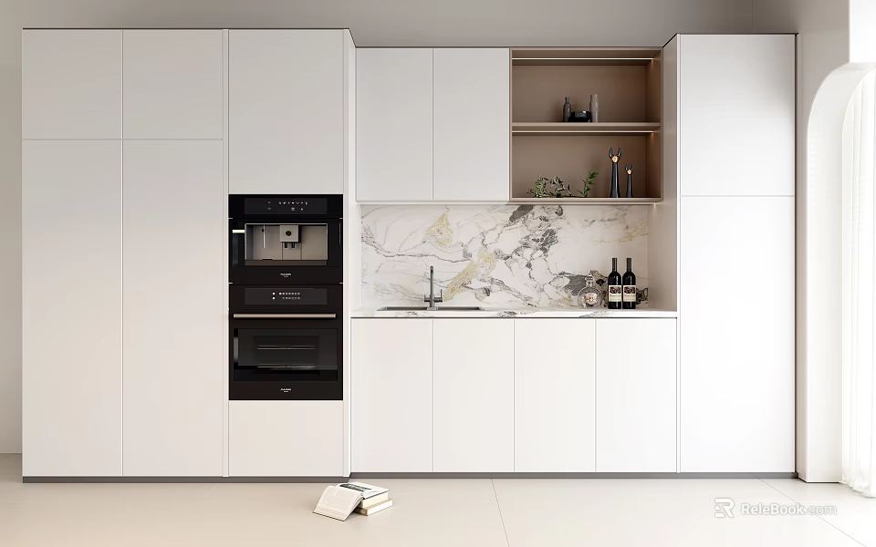 White Cabinets With Black Oven Marble Countertop And Open Shelves For Wine Bottles 3d model 