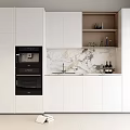 White Cabinets With Black Oven Marble Countertop And Open Shelves For Wine Bottles