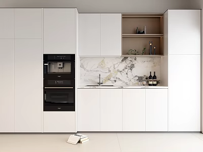 White Cabinets With Black Oven Marble Countertop And Open Shelves For Wine Bottles 3d model