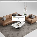 Modern Brown Leather Sofa And White Marble Coffee Table Set With Cushions And Gray Rug