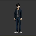 3D Character Model Of Boy In Dark Blue Jacket Gray Shirt Blue Pants Gray Shoes