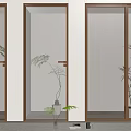 Modern Hinged Door Interior With Wooden Frame Vertical Striped Glass And Green Plant