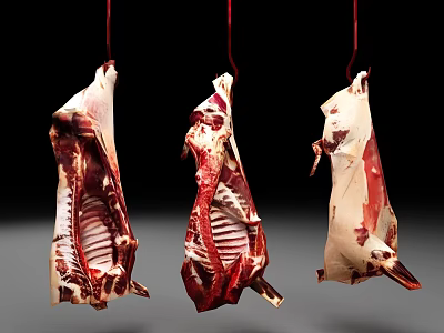 Hanging Raw Meat Cuts With Marbled Texture And Visible Rib Structure 3d model