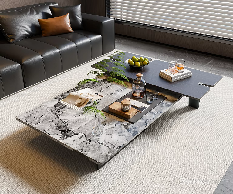 Modern Coffee Table With Marble Texture Top Fresh Fruits Glasses Book And Decorative Tray 3d model 