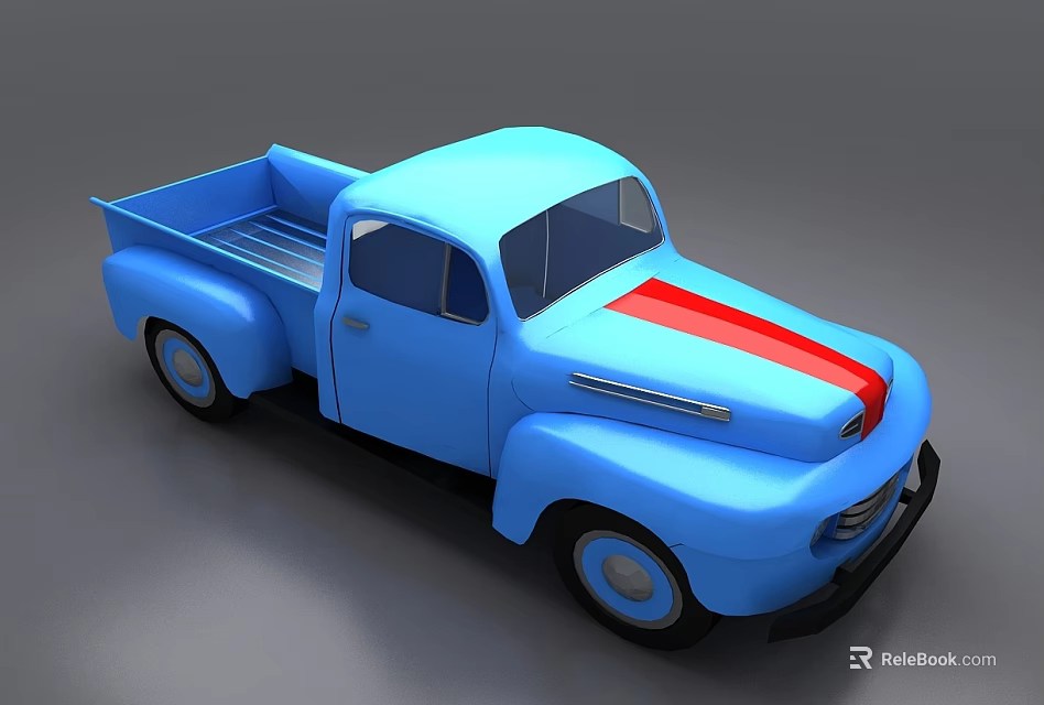 Blue Classic Pickup Truck With Red Stripe And Open Utility Bed Design 3d model 