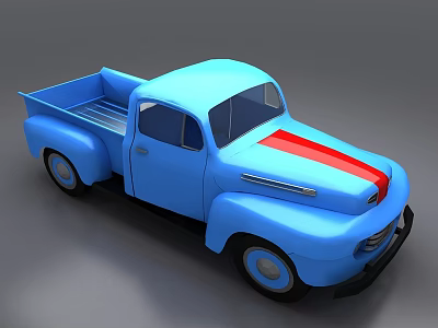 Blue Classic Pickup Truck With Red Stripe And Open Utility Bed Design 3d model