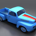 Blue Classic Pickup Truck With Red Stripe And Open Utility Bed Design