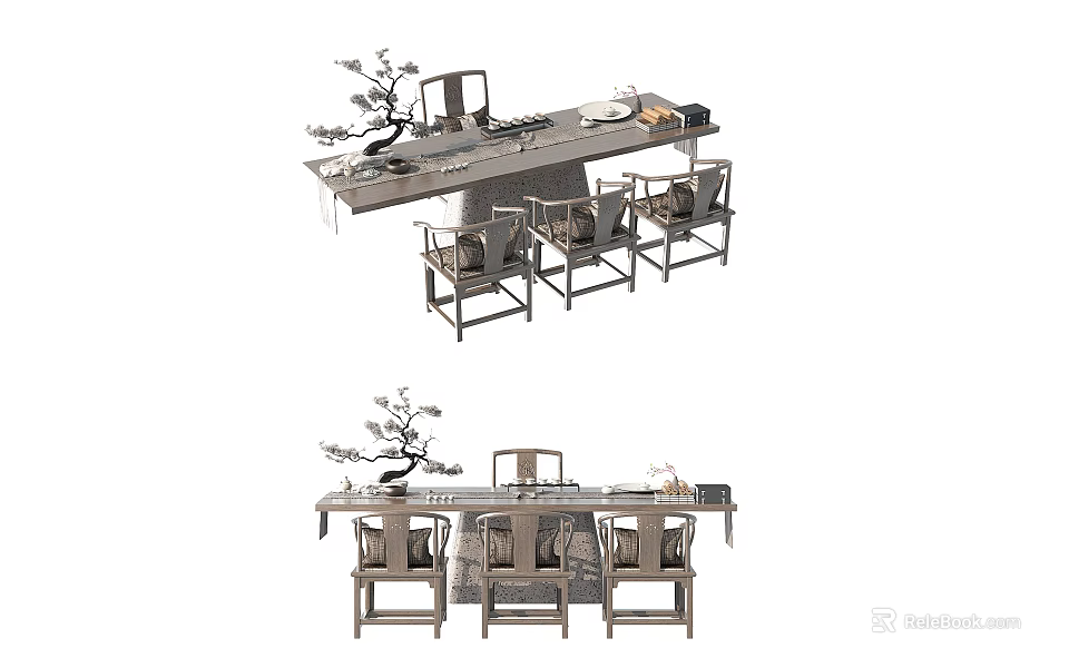 Sleek Modern Tea Table And Chairs With Ceramic Teacups And Decorative Plants 3d model