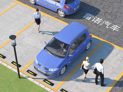 Blue Renault Car Parked in Parking Space With Yellow Lines and People Walking Nearby 3d model