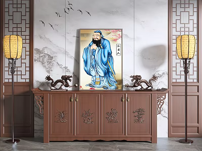 Traditional Chinese Entryway Side Cabinet With Carved Patterns Decorative Painting And Lanterns 3d model