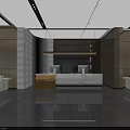 Modern Sales Office Interior With Sofa Chairs Coffee Tables Large Windows And Water Bar Area