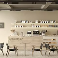 Minimalist Modern Cafe Interior With Wooden Counter Coffee Machine Shelves Tables And Chairs