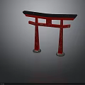 Traditional Red Torii Gate with Black Top Beam White Base and Reflective Surface