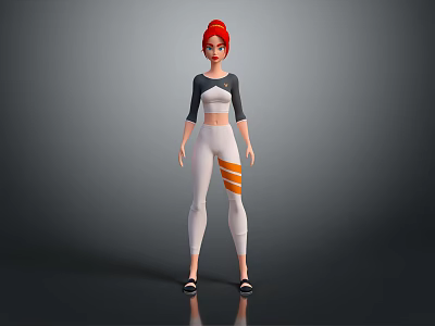 3D Game Movie Character With Red Hair Black White Top White Pants And Orange Stripes 3d model