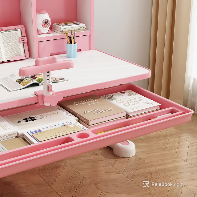 Decorative Accessories Set on Pink Desk with Open Drawer Notebooks Envelopes Pen Holder and Mirror 3d model 
