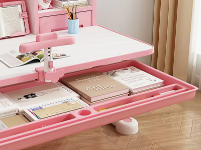 Decorative Accessories Set on Pink Desk with Open Drawer Notebooks Envelopes Pen Holder and Mirror 3d model