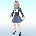 Woman With Blonde Long Hair Wearing Black And White Top Blue Skirt And Black Shoes