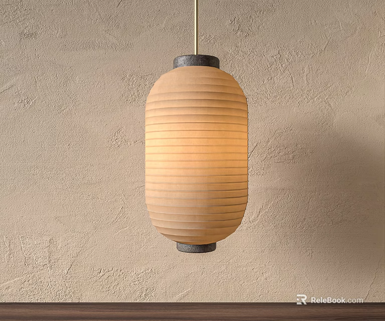 Hanging Striped Paper Lantern With Beige Shade Metal Base And Warm Light 3d model 