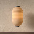Hanging Striped Paper Lantern With Beige Shade Metal Base And Warm Light