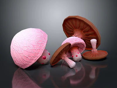 Fresh Pink Mushrooms With Cracked Texture Brown Caps And White Stems On Black Reflective Surface 3d model