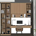 Modern Wooden Bookcase With Open Shelves Built-in Lighting Writing Desk And Decorative Items