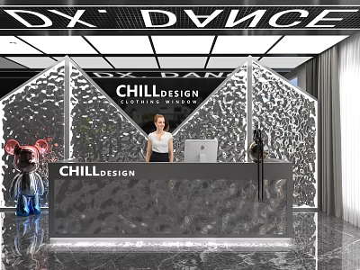 Modern Store Front Desk With CHILL DESIGN Logo Textured Counter Transparent Wall And Decorative Sculptures 3d model