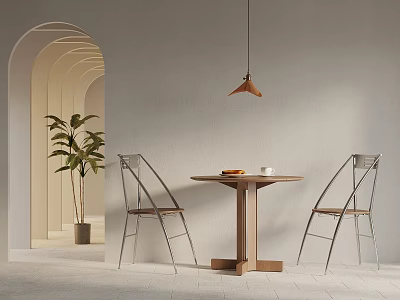 Modern Wooden Table And Metal Chairs With Hanging Lamp And Plant In Arched Room 3d model
