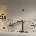 Modern Wooden Table And Metal Chairs With Hanging Lamp And Plant In Arched Room