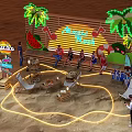 Outdoor Annie's Rock Party Scene With Neon Palm Trees Sunset And People