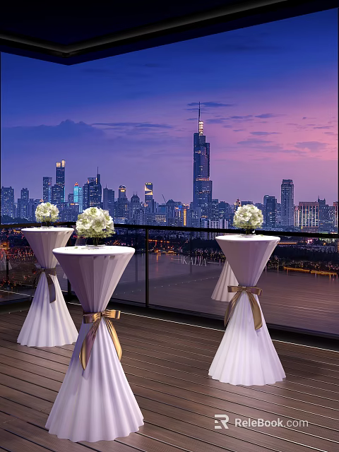White Round Dining Tables With Pleated Tablecloths And Golden Bows Against City Skyline Twilight Sky 3d model 