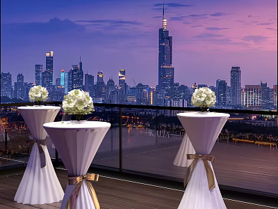 White Round Dining Tables With Pleated Tablecloths And Golden Bows Against City Skyline Twilight Sky 3d model