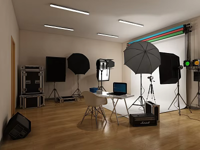 Professional Photography Studio Setup With Lighting Reflectors Tripod Laptop Chair And Case 3d model